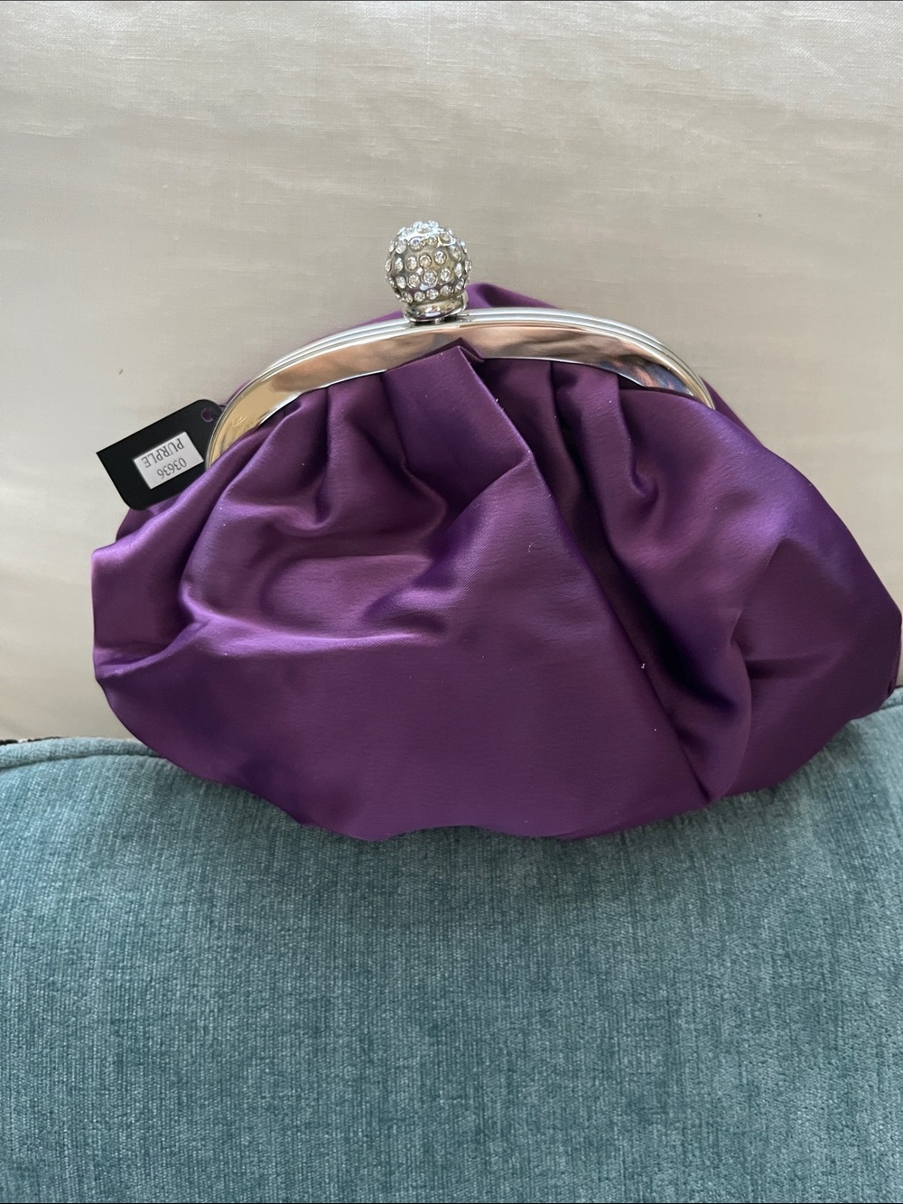 Elegant Purple Satin Wristlet Clutch with Crystal KISS Lock